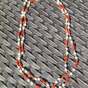 Vintage Coral and White Beaded Necklace With Gold Spacers Long Layering Boho
